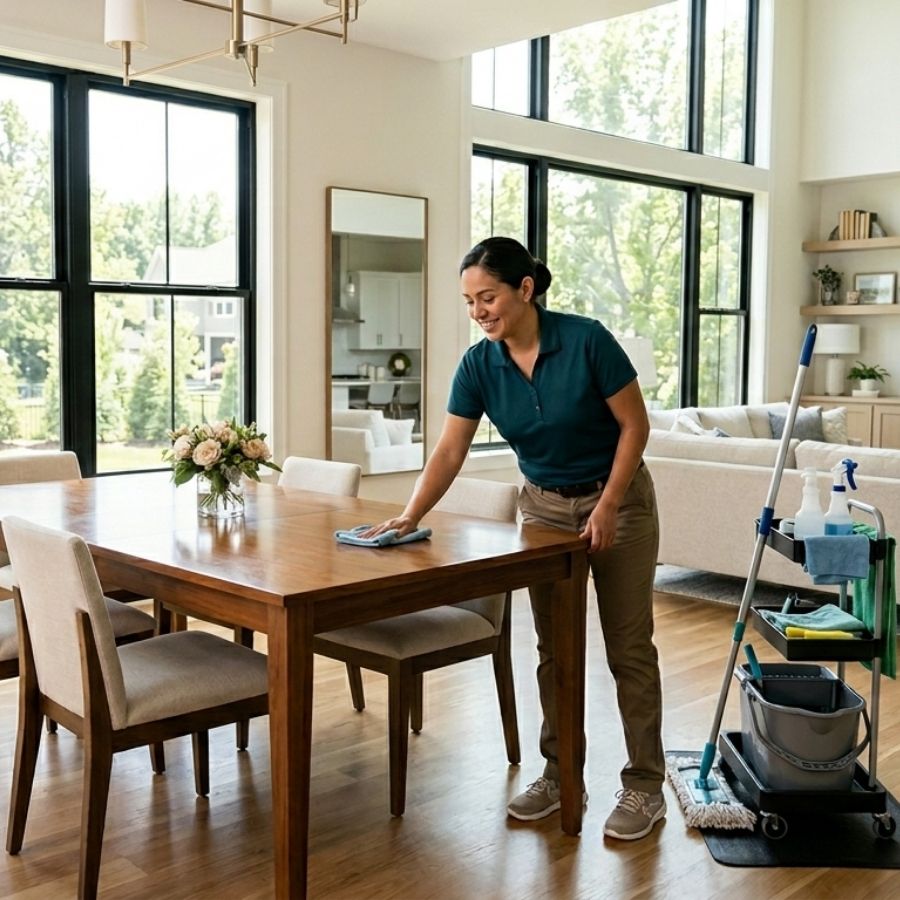A professional female cleaner efficiently wiping a polished wooden dining table